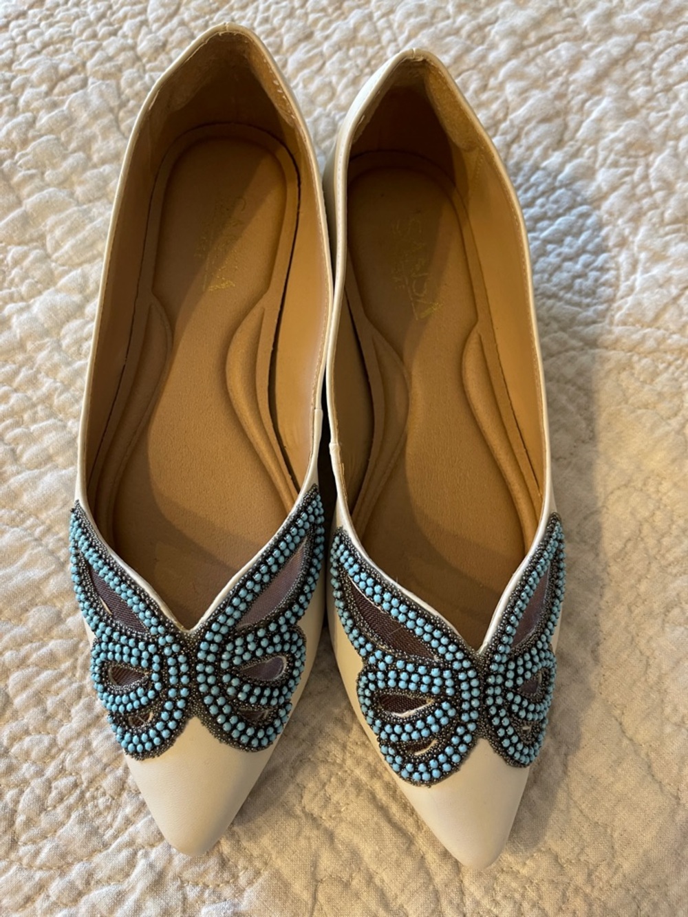Cream Pointed Flats with Turquoise Beaded Butterfly Motif